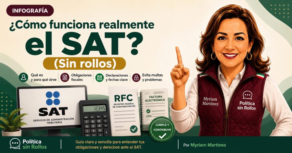 ¿El SAT te parece complicado? Esta infografía de Política sin Rollos explica de manera sencilla cómo funciona el Servicio de Administración Tributaria en México. Conoce qué es el RFC, para qué sirven las facturas, cuándo debes presentar declaraciones y cuáles son las obligaciones fiscales más comunes según tu actividad. Ideal para estudiantes, jóvenes que comienzan a trabajar, emprendedores y cualquier persona que quiera entender el sistema tributario sin tecnicismos.