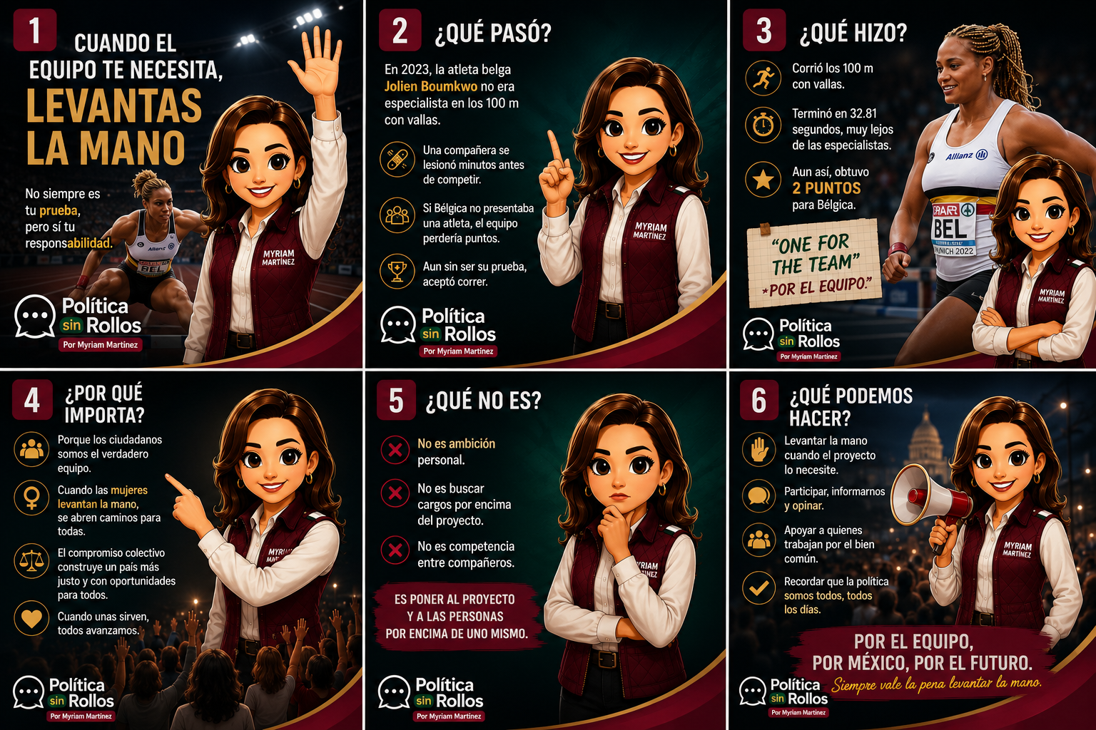 Carrusel de Política sin Rollos sobre Jolien Boumkwo, trabajo en equipo y responsabilidad colectiva