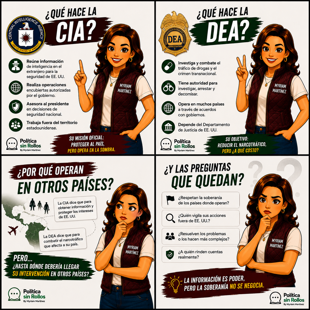 Carrusel educativo de Política sin Rollos que explica qué hacen la CIA y la DEA de Estados Unidos